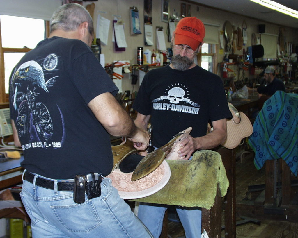 A saddle being assembled at Harris Leather and Silverworks